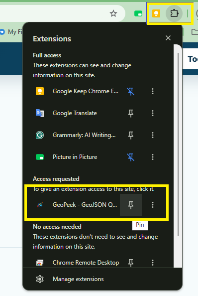 Pin GeoPeek extension
